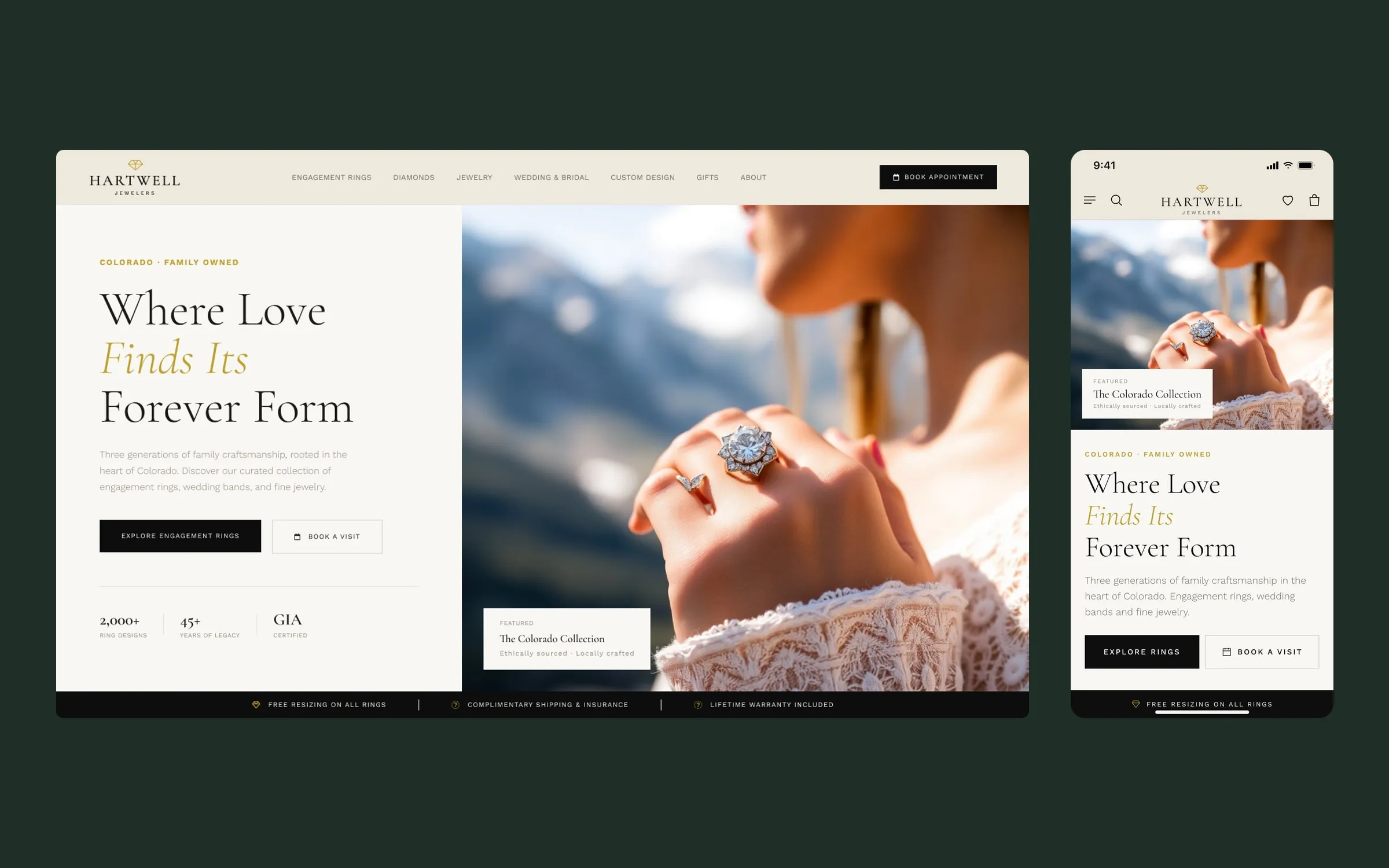 Home de la joyería en escritorio y en móvil: titular «Where Love Finds Its Forever Form» junto a la fotografía de una mano con un anillo de compromiso frente a las montañas.